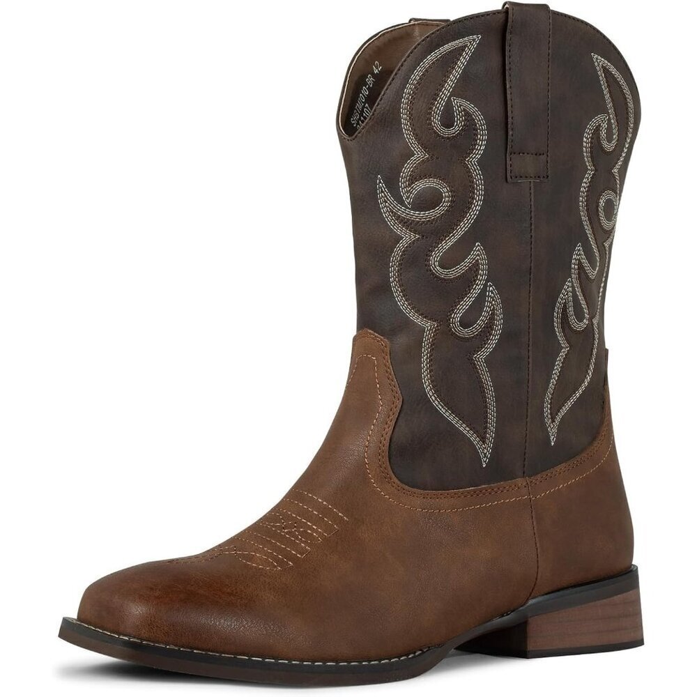 🆕 Men's Square Toe Western Cowboy Boots Faux Leather Riding Winter Fashion